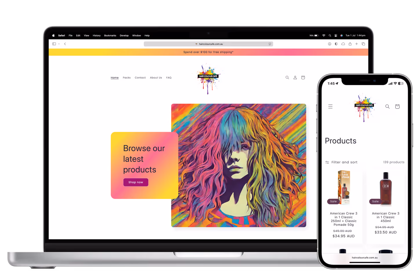 Hair Colour Cafe online store on a laptop and phone